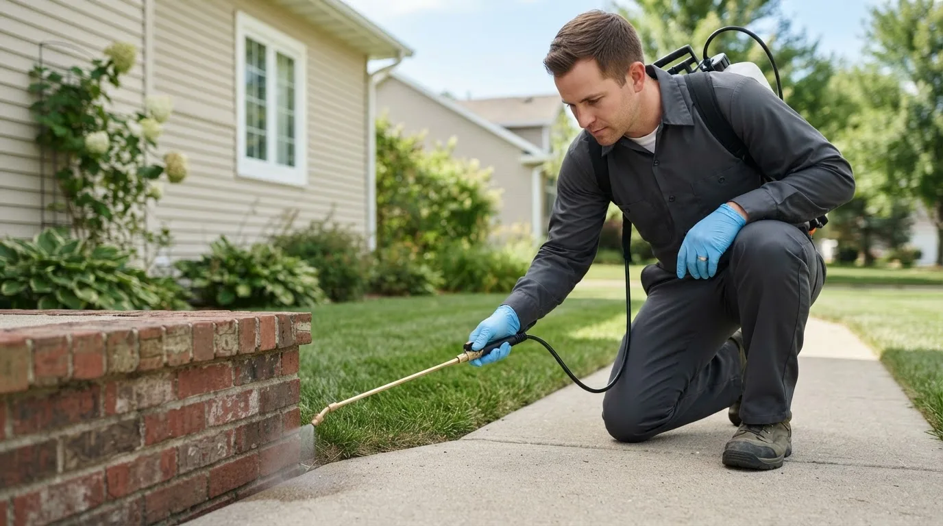 Pest control technician treating a home near Bennington, VT